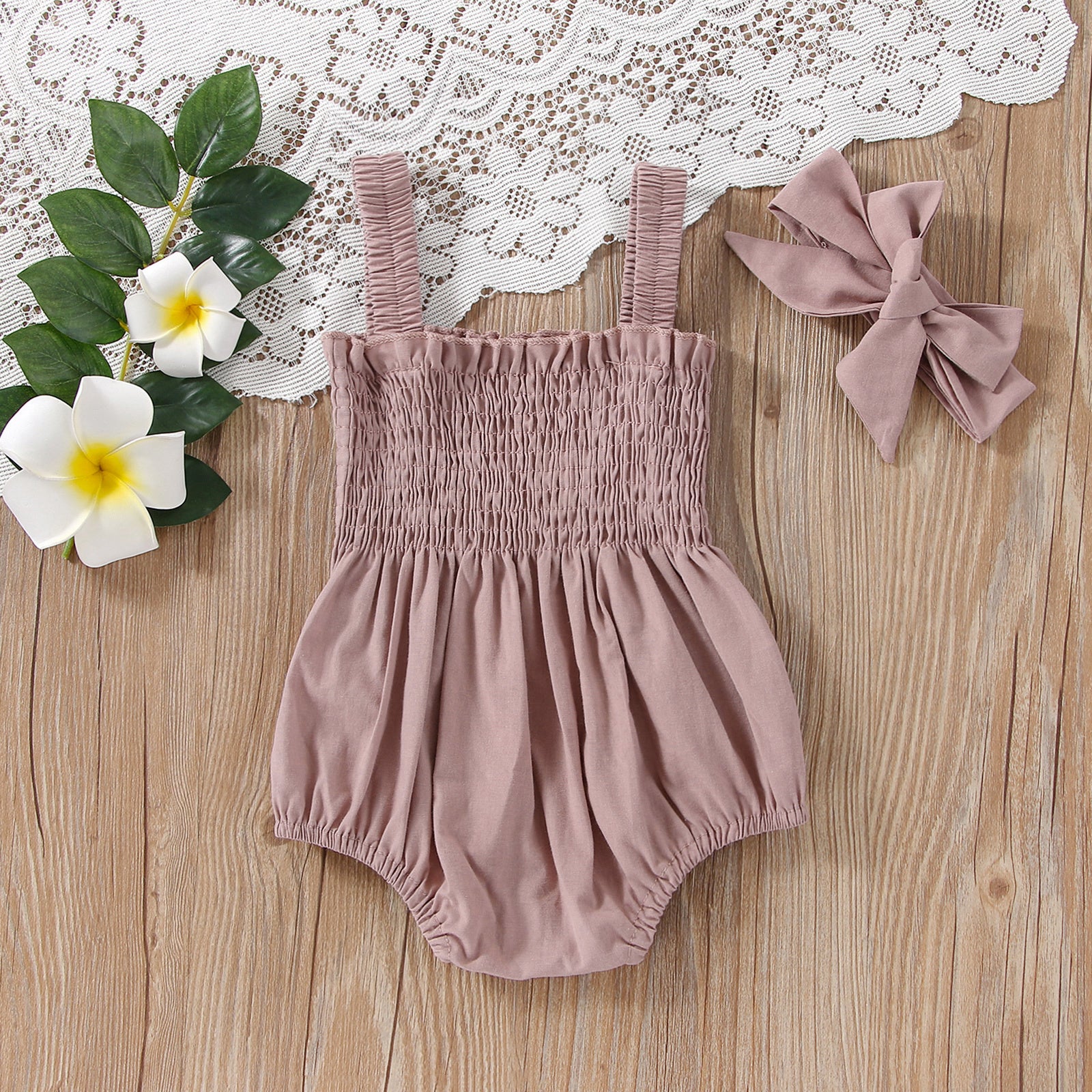 Baby Summer Jumpsuit Outfit Solid Color Ruched Toddler Girl